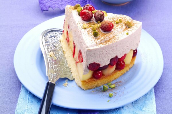 Delicious piece of cake with berries on a plate