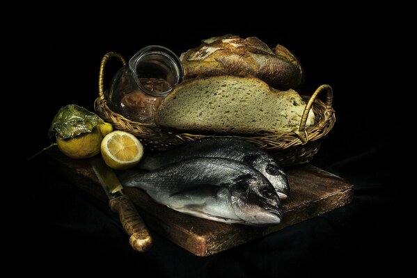 Still life fish bread and lemon