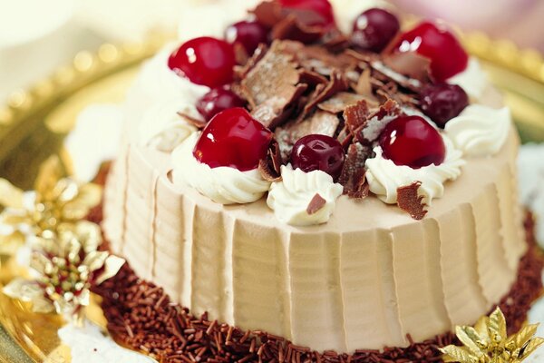 Pastel de crema de vacaciones con chocolate y cereza