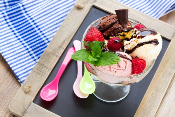 Colorful ice cream balls on a tray