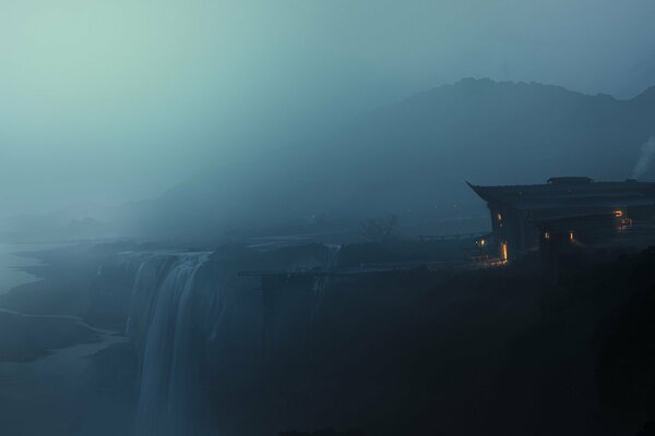 A house in the fog on the seashore