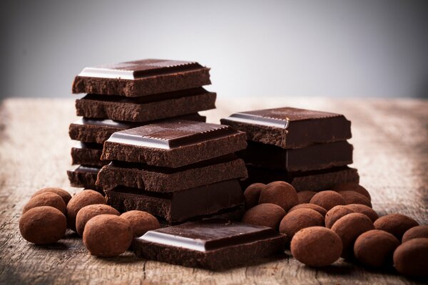 Chocolate cubes lying on the table