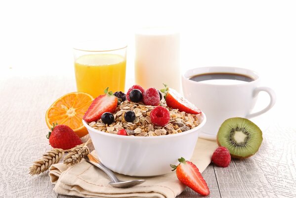 Breakfast with granola, juice and coffee