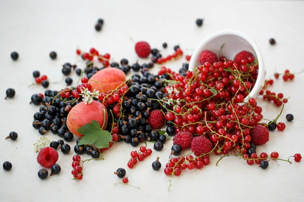 Die Beeren sind auf einer weißen Tischdecke über den Tisch gestreut