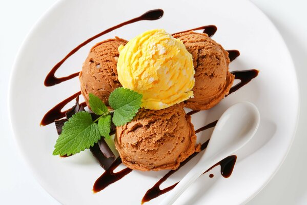 Dessert of chocolate and mango ice cream with mint on a plate