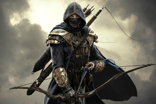 Assassin with an arrow in his hands on the background of neba