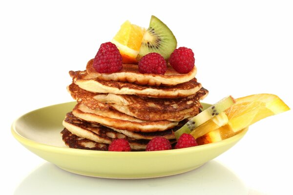 Pancakes with fruit on a platter