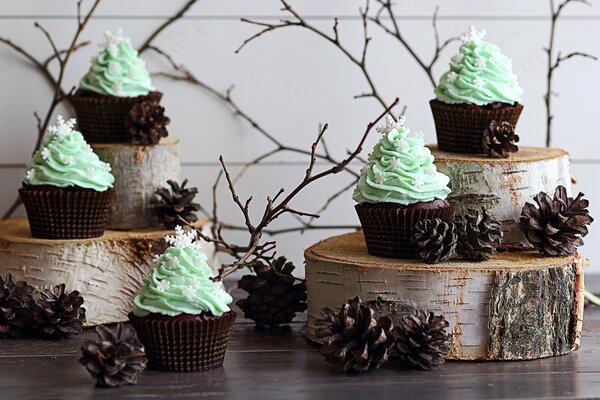 Cupcakes with delicate cream sweet winter