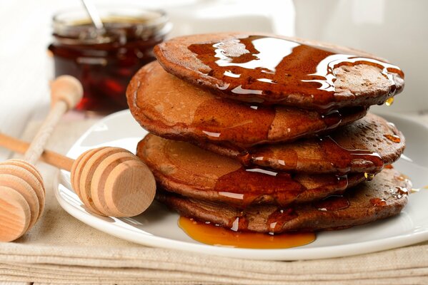 Pancakes with maple syrup for breakfast