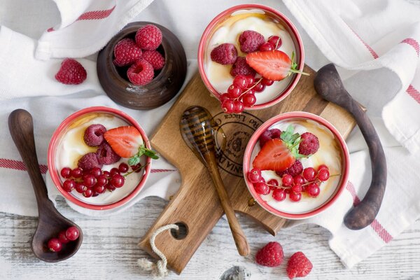 Himbeeren, Erdbeeren, Johannisbeeren werden in einer Schüssel serviert