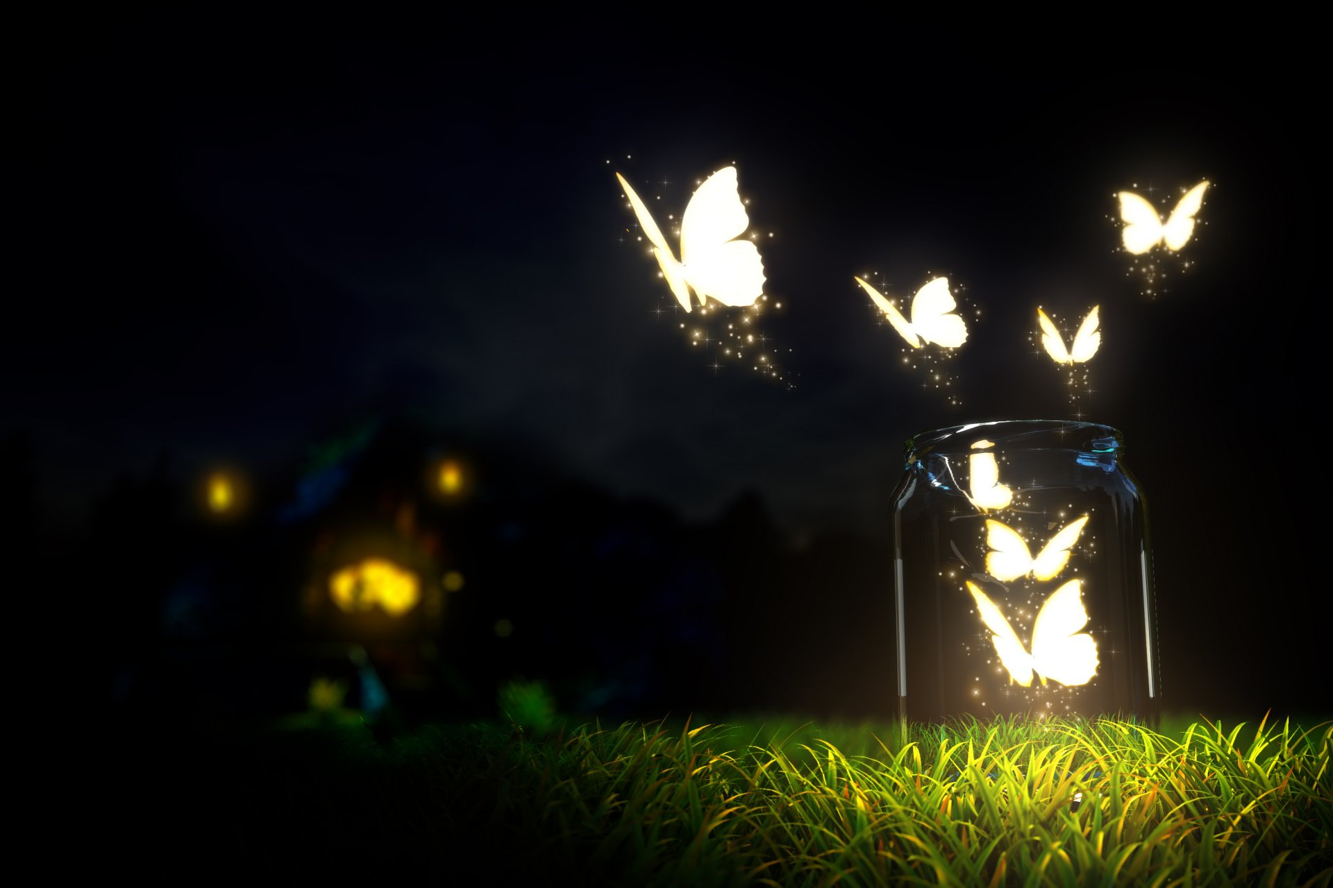 beautiful glowing butterflies grass bottle blur ground night dark sky macro nature nice butterfly of the bottle land close up