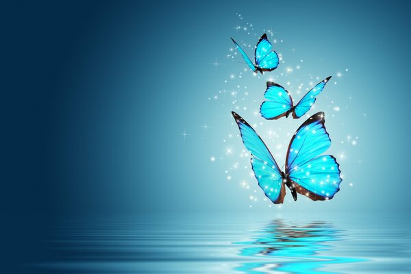 Голубые волшебные бабочки на голубом фоне