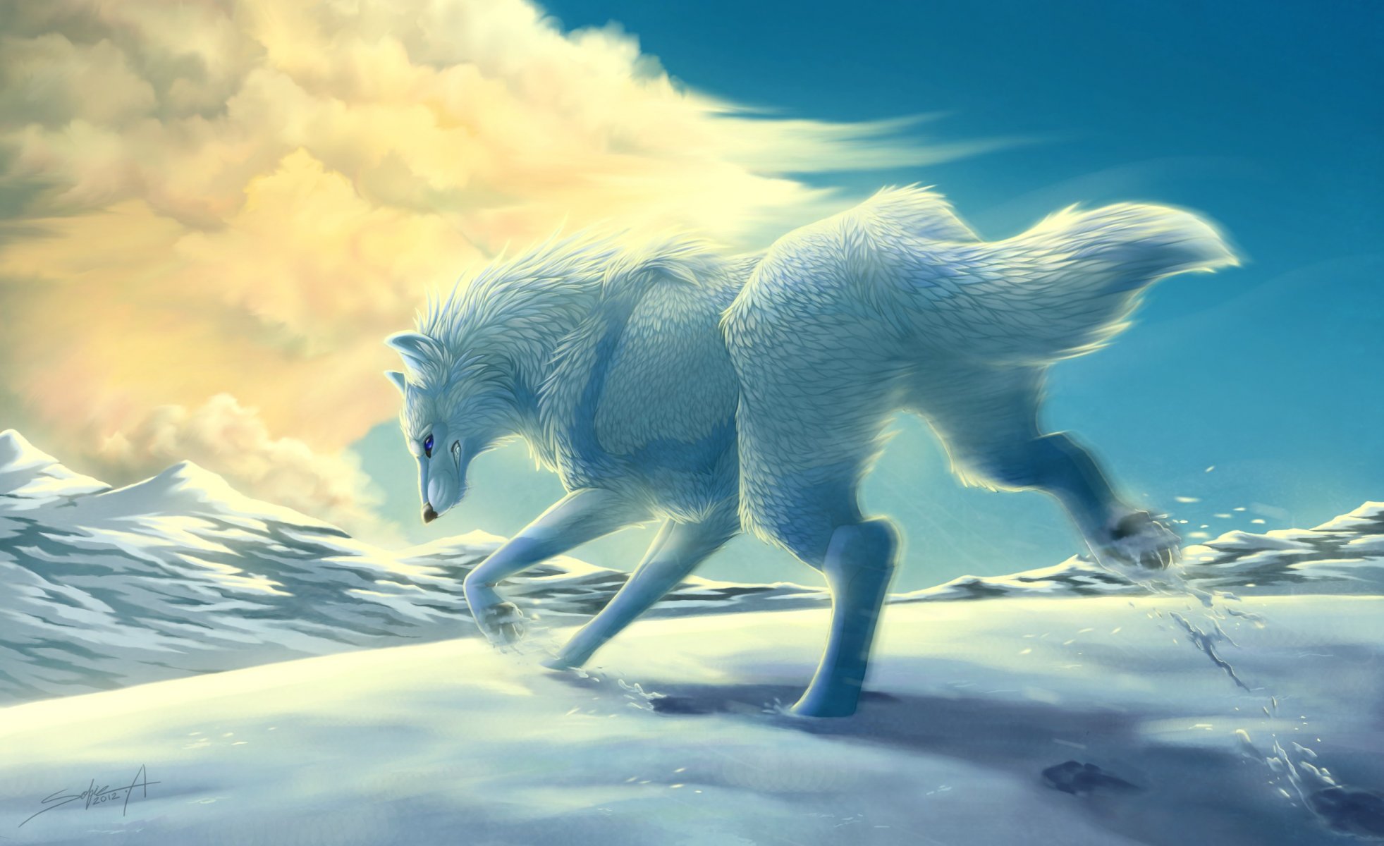 art snow mountains wolf white winter clouds running movement