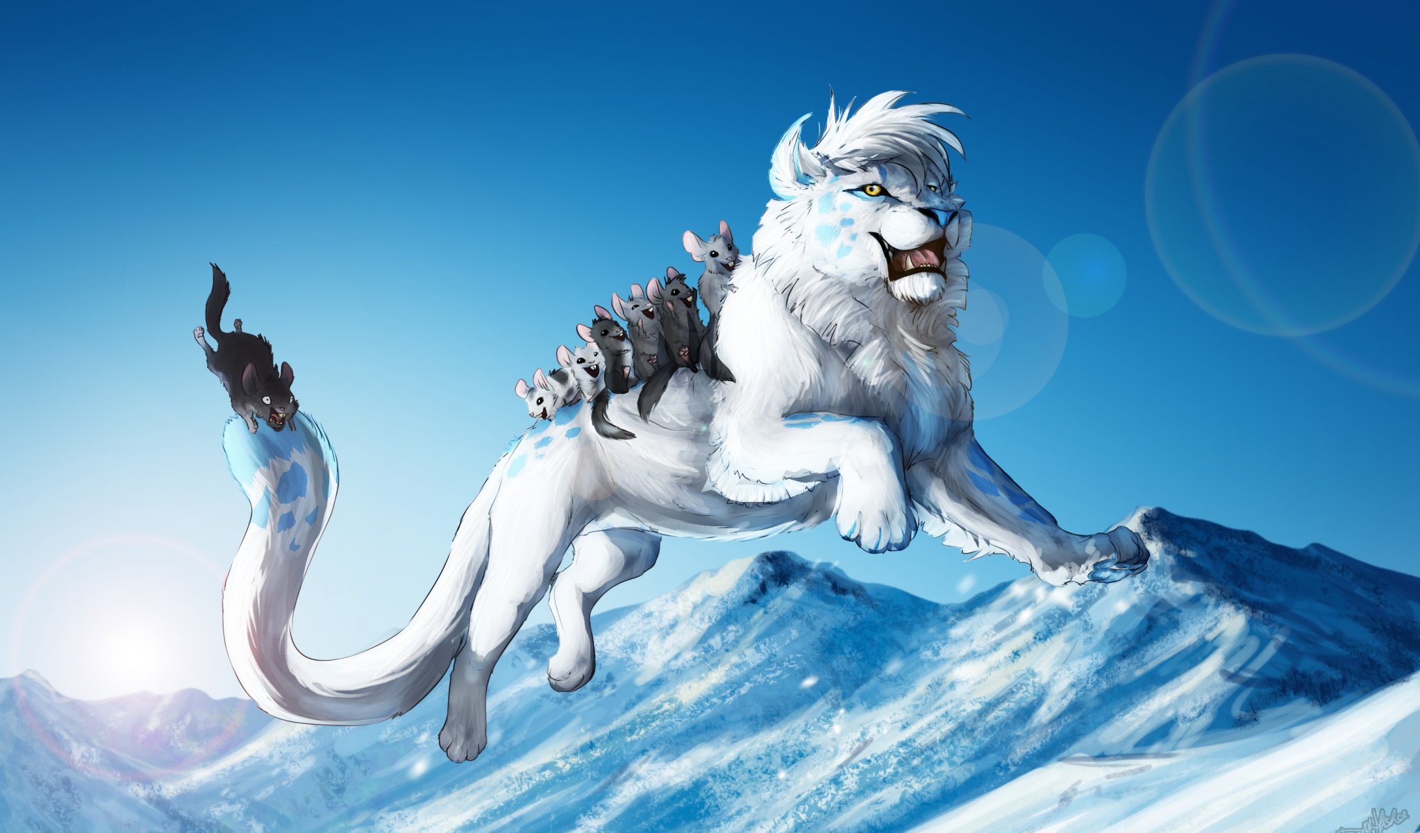 animales león blanco juegos diversión salto invierno nieve frío arte