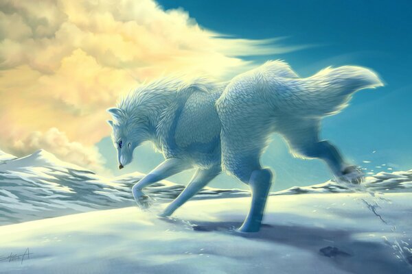 Artistic image of a wolf on white snow