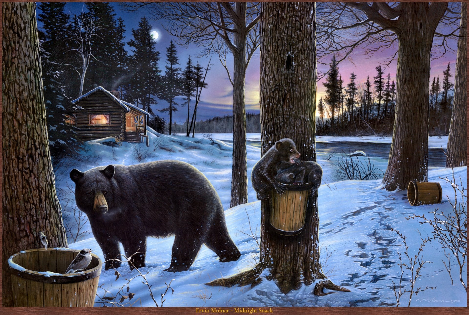 pattern bear bears nature forest river moon winter hut house midnight snack ervin molnar