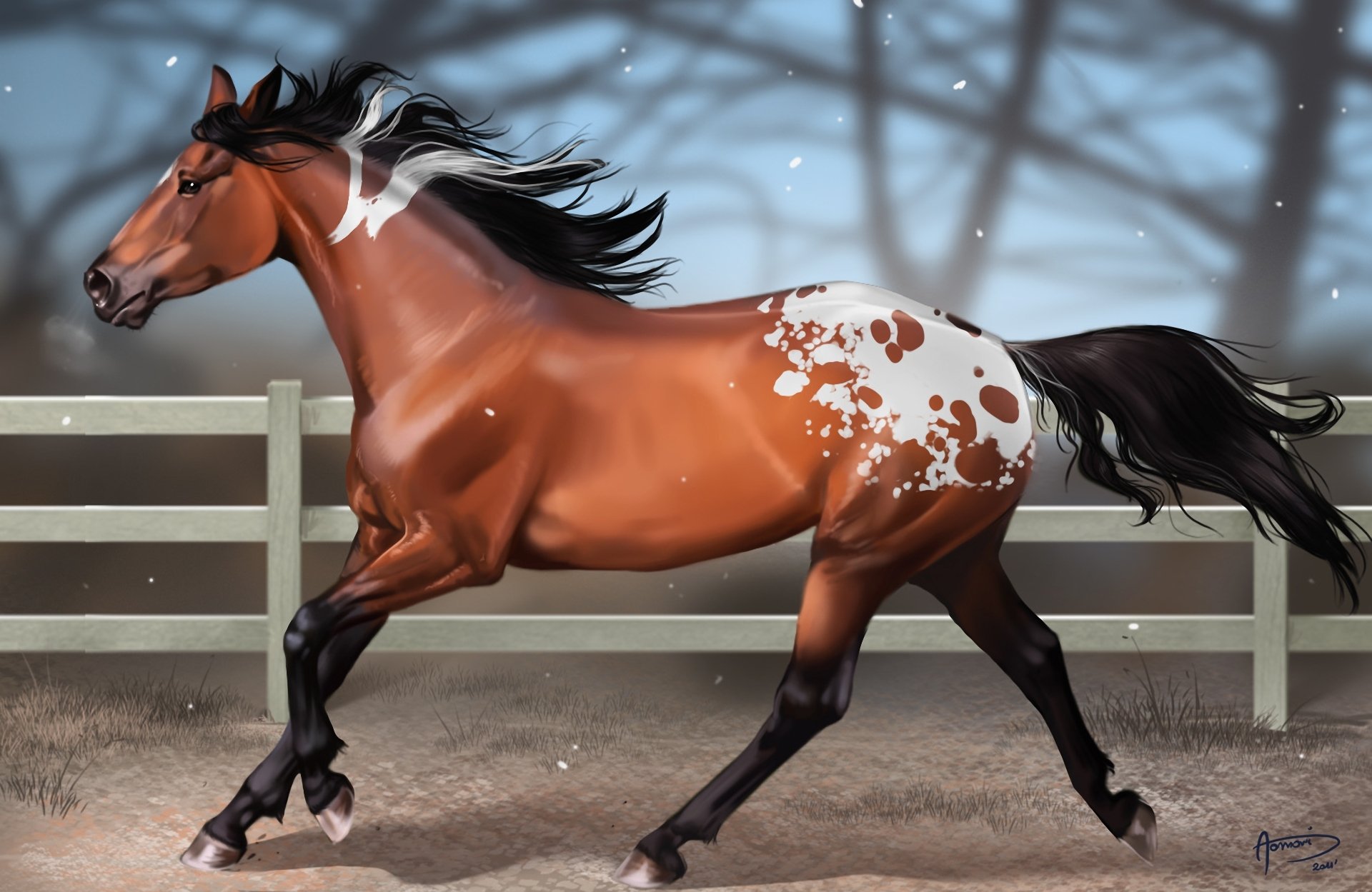 art aomori cheval cheval taches neige clôture flou