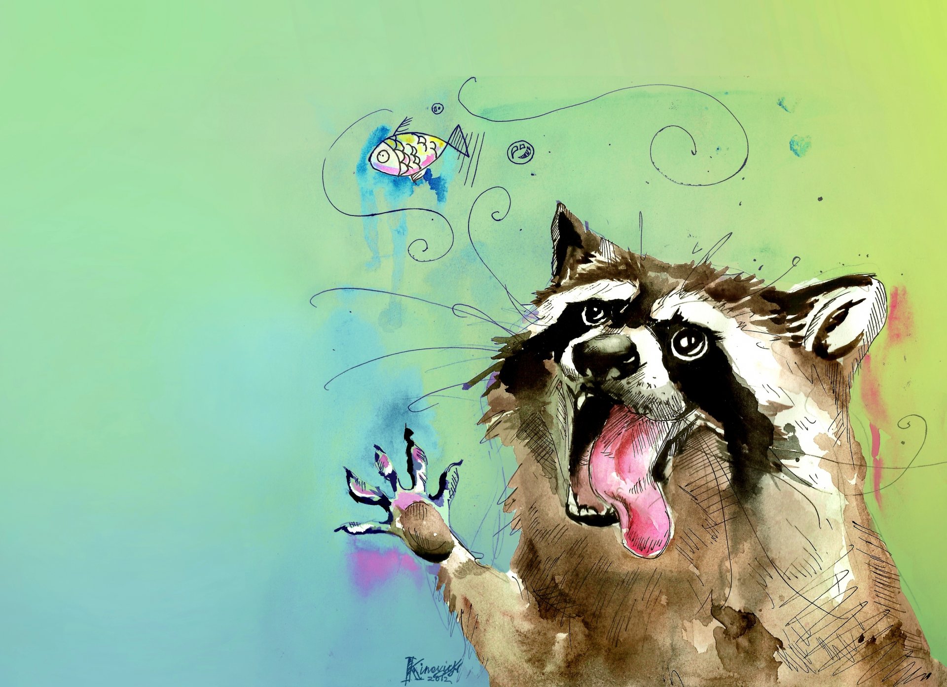 raccoon animals potaskun poloskun english flowers picture watercolor fish bubble