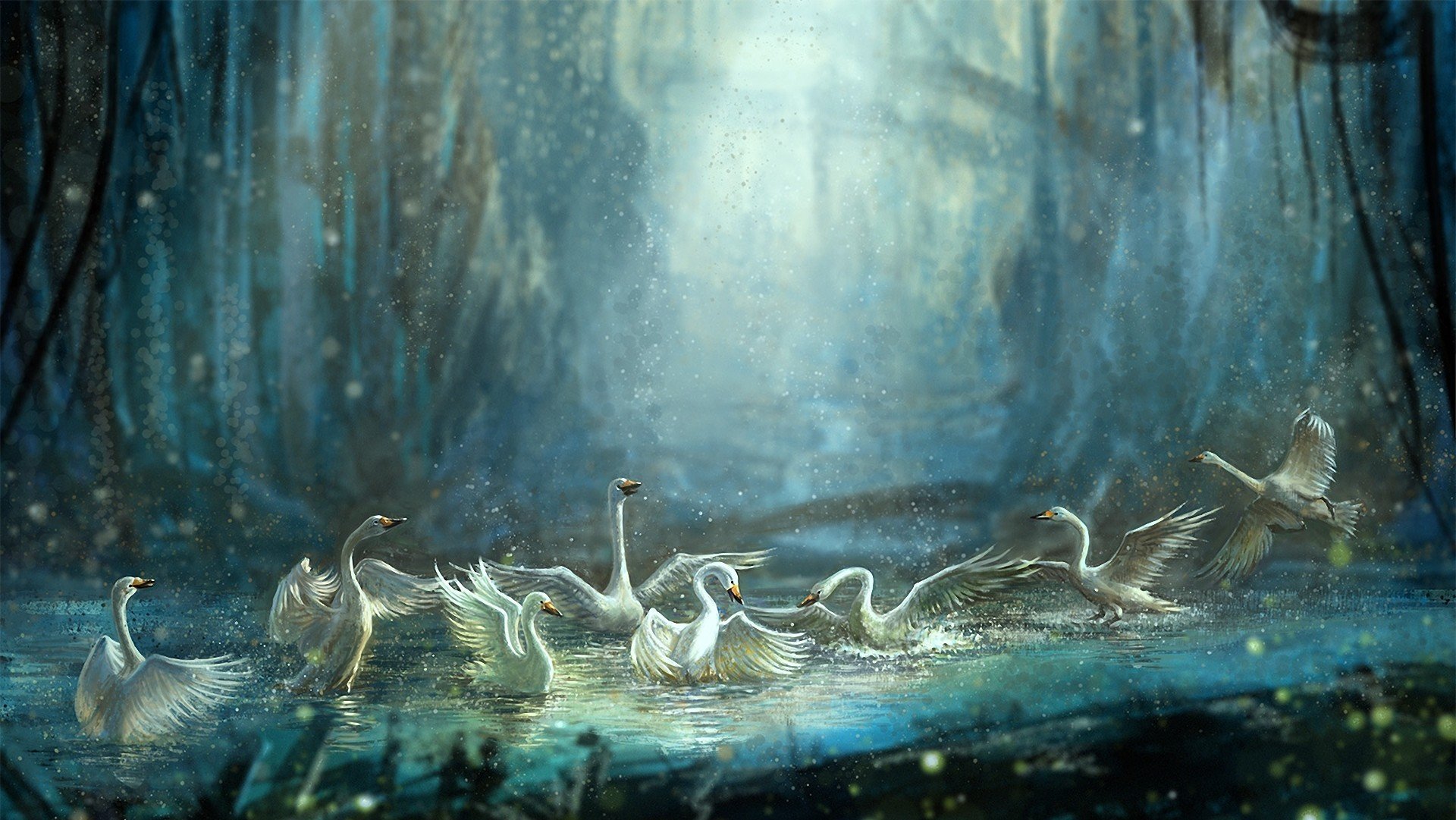 arte jiang zhi cisnes aves estanque agua baño salpicaduras bosque