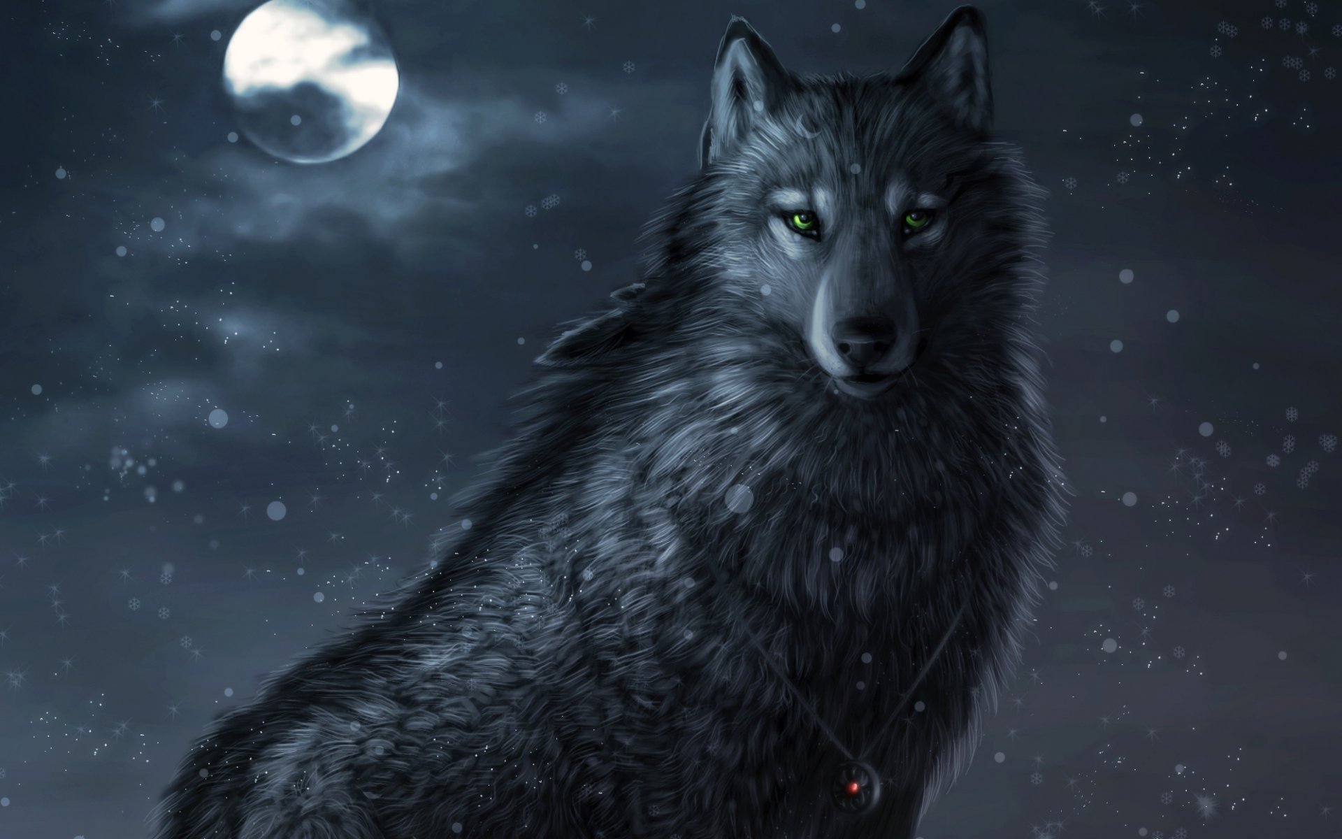 nuit d hiver art dark_sheyn loup nuit lune neige amulette yeux verts