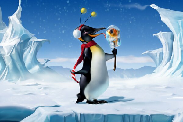 Cartoon penguin eats lollipop with fish