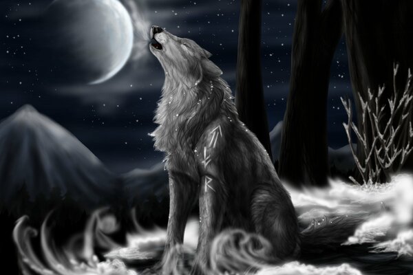 Lobo gris aullando en la Luna de noche