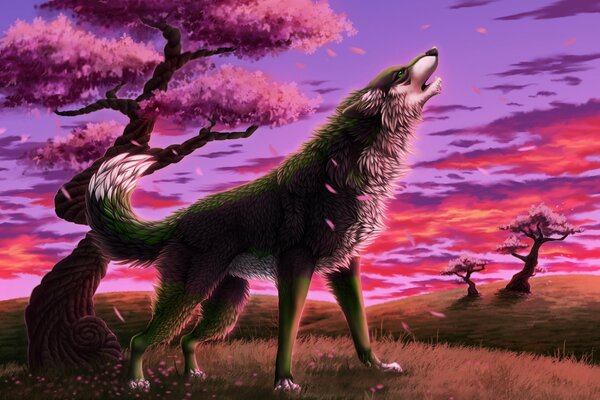 Howling wolf in Sakura woods