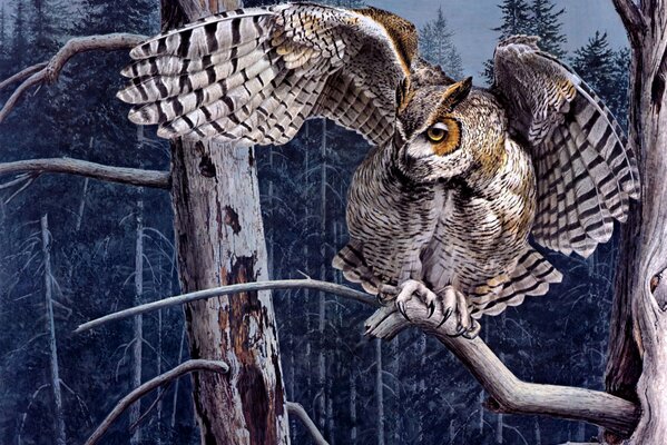 Art painting of an owl on a branch