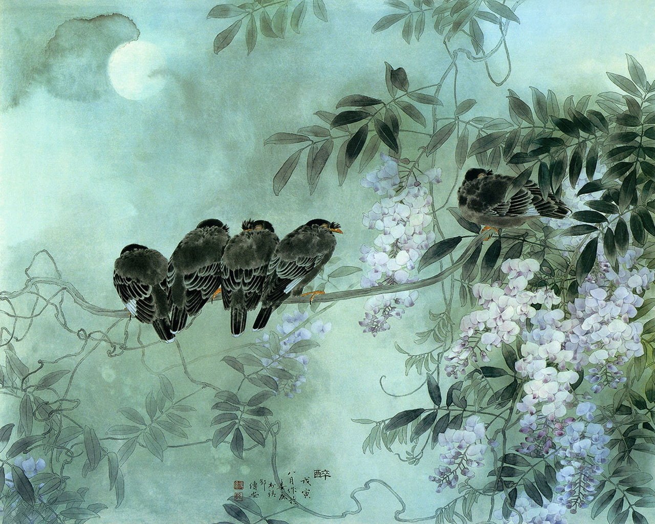 night moon flower spring birds sleeping branch