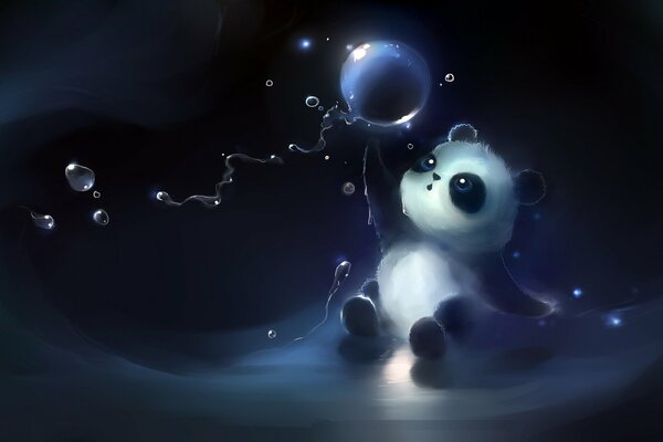 Малыш панды играет с пузырьков воды
