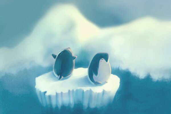 In the picture, two penguins settled on an ice floe