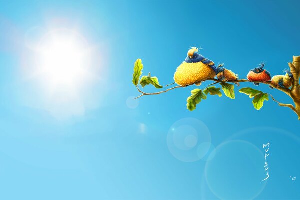 Helle Sonne am klaren Himmel. Ein Zweig, auf dem ein Vogel mit Küken sitzt