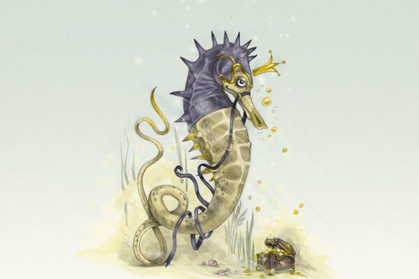 A picture of a seahorse with a crown and a treasure