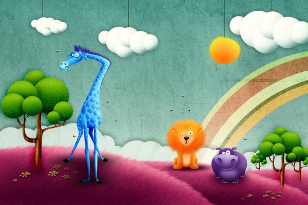 Giraffa dei cartoni animati, ippopotamo e Leone ammirano l arcobaleno