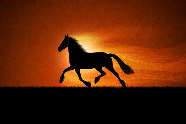 Drawing of a horse on a sunset background