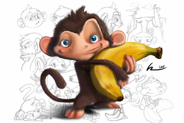 Детские обои, обезьянка с бананом