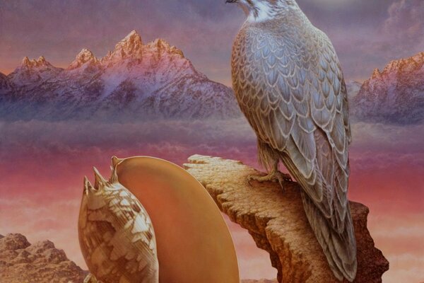 Painting of a falcon sitting on a rock