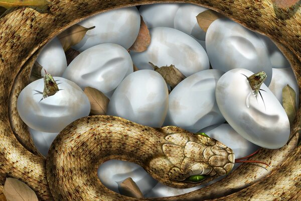 Kleine Schlangen schlüpfen aus Eiern