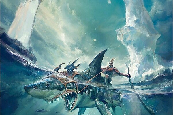 Disegno di Poseidone in sella a uno squalo gigante