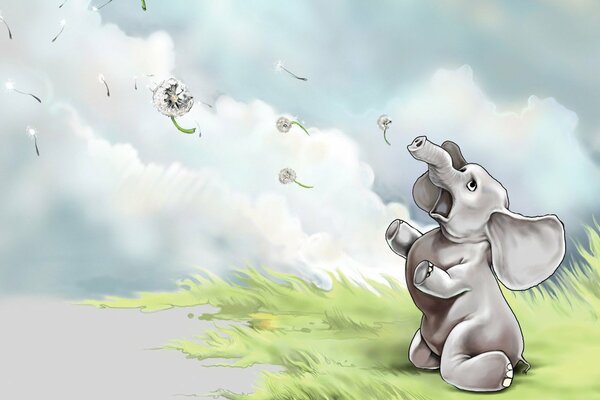 Elephant with dandelions on the background of clouds