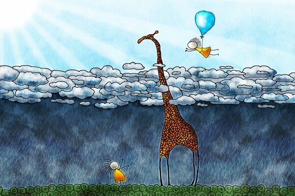 Disegno di una giraffa tra le nuvole con i bambini