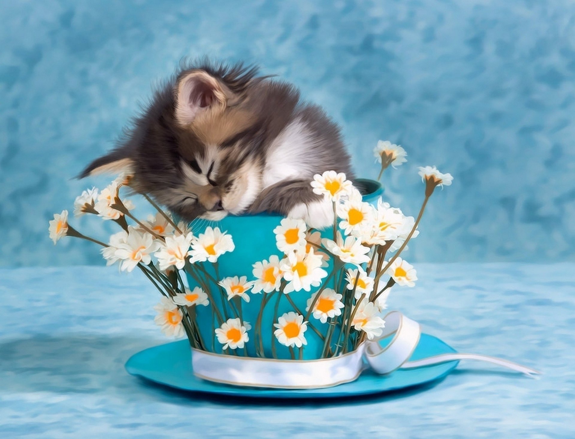 gatito taza flores foto