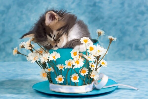 Photo d un chaton mignon en fleurs