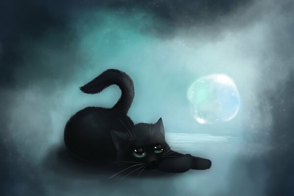 Czarny kotek bawi się bańką mydlaną