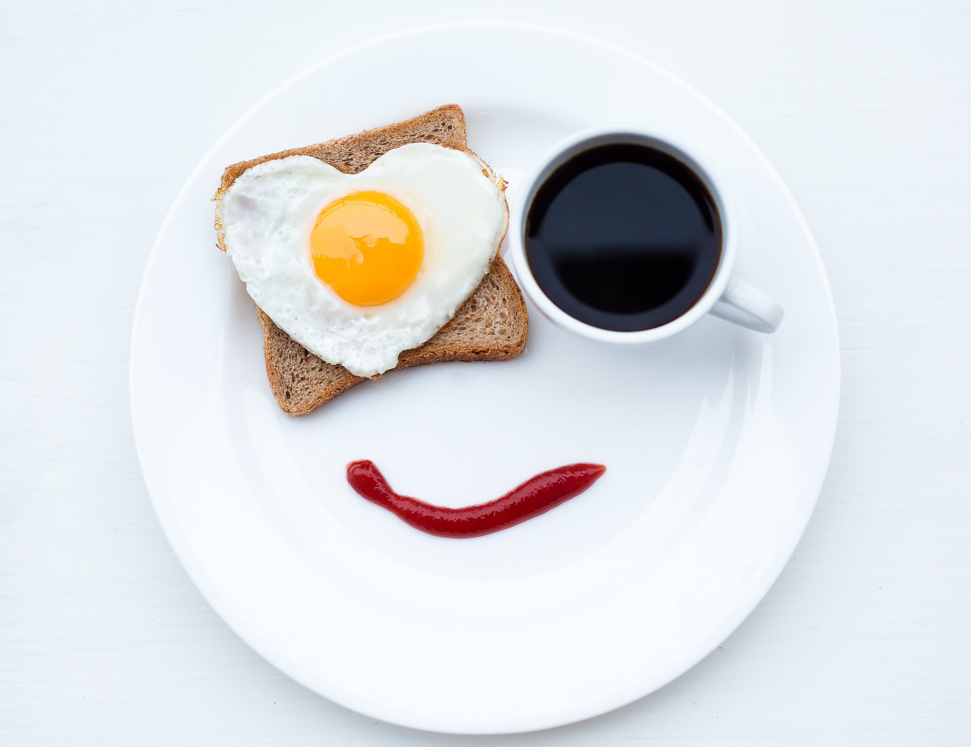 dish food breakfast creative eggs bread ketchup mug coffee smile