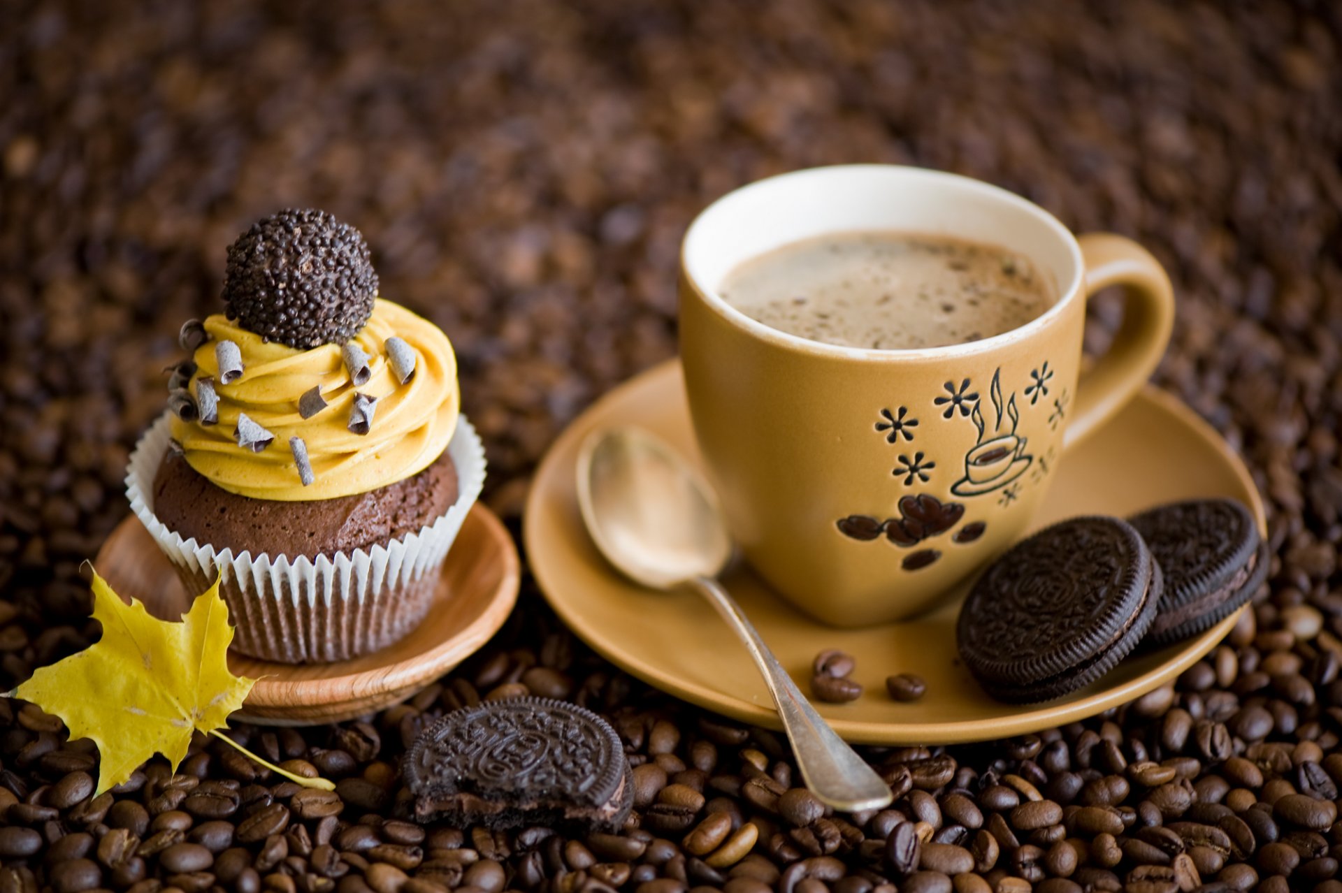 cupcake creme schokolade süßigkeiten kekse dessert kaffee körner tasse untertasse löffel blatt gelb herbst anna verdina