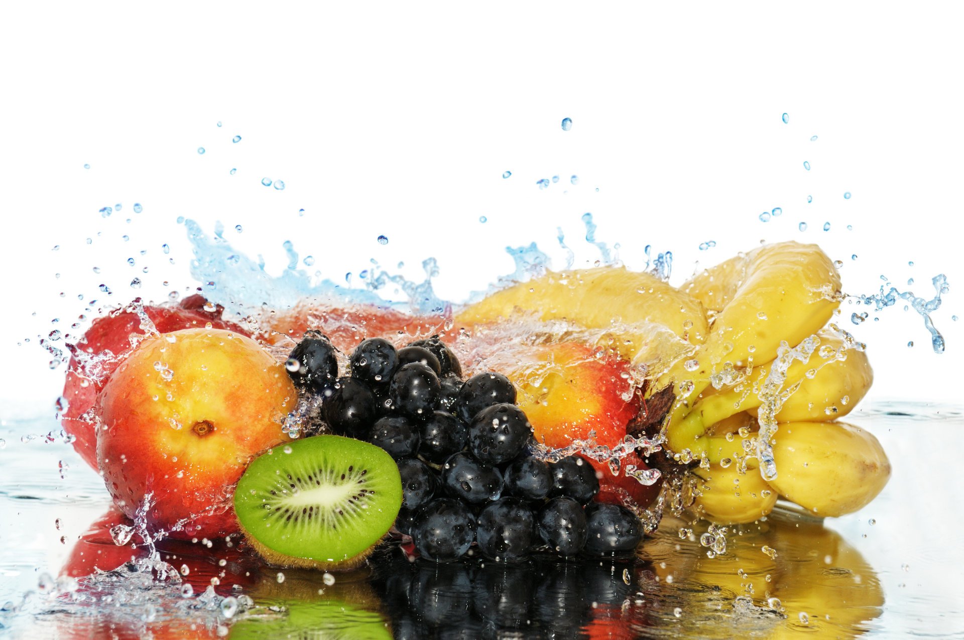 peaches bananas grapes kiwi water splash fruits berries food