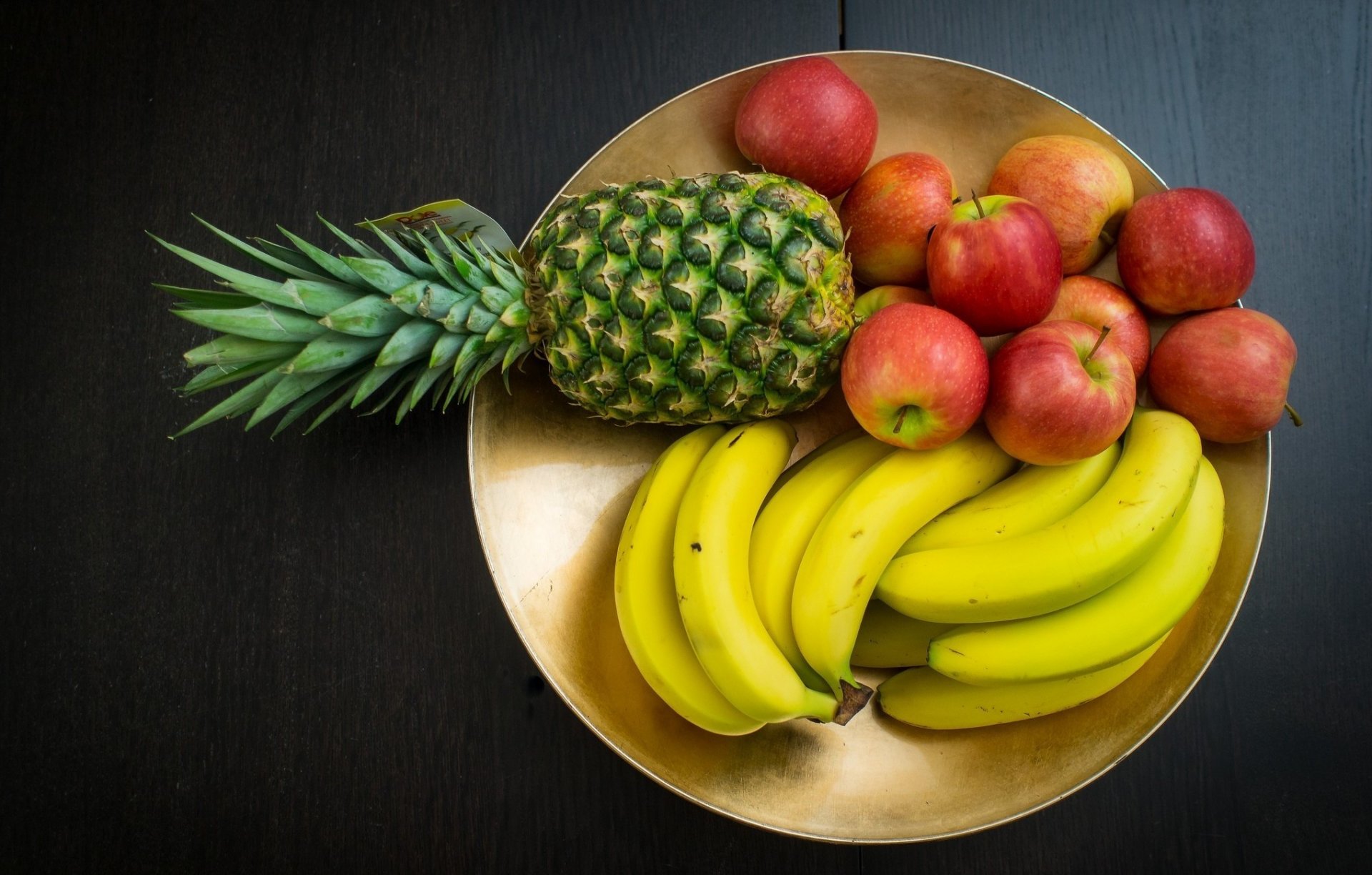 essen gesund obst ananas banane äpfel teller hintergrund tapete widescreen vollbild widescreen widescreen