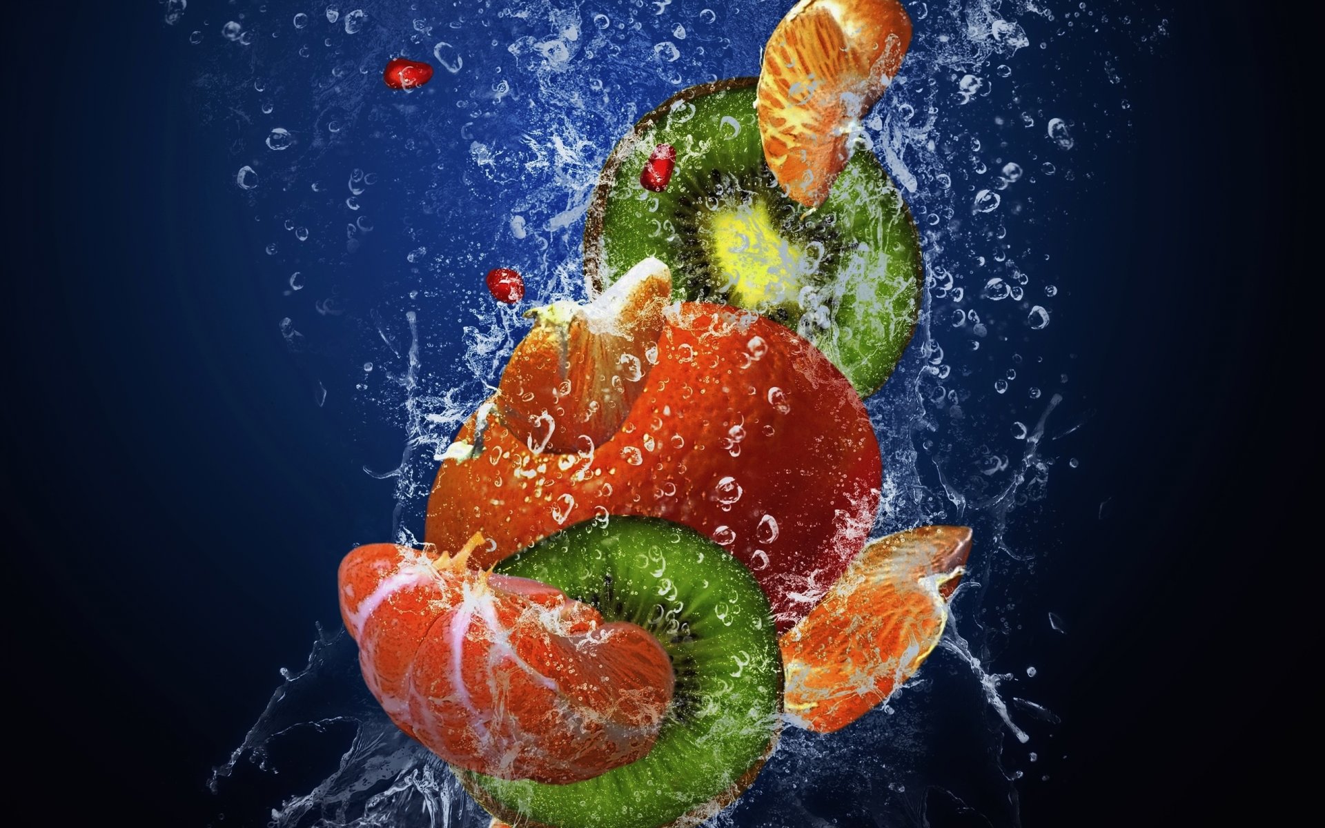 obst frisch wasser tropfen spray mandarine kiwi granatapfel frische spritzer mandarine granatapfel