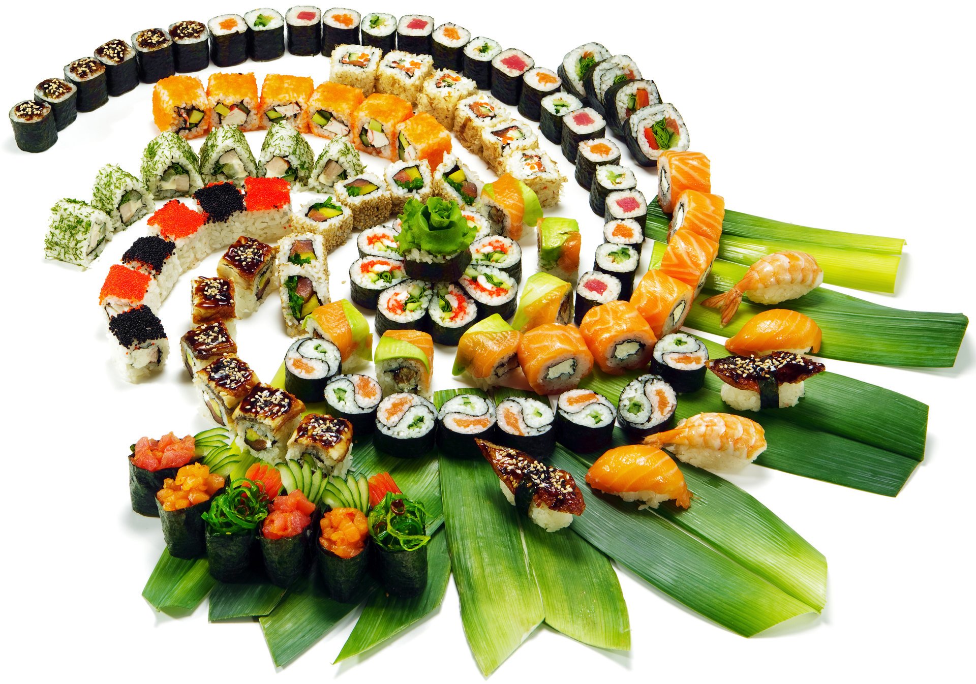 ushi japan japan food land rolls japanese food seafood caviar red caviar red fish salmon tuna shrimp figure slices cutting serving decoration leaves green